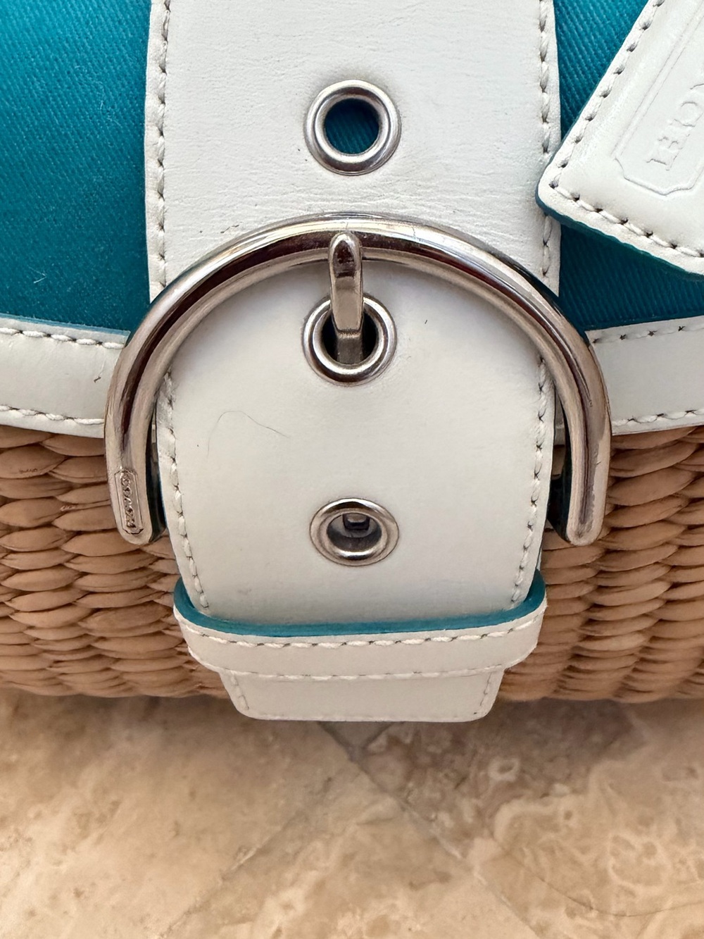 coach Y2K vintage SUMMER straw leather PURSE Teal and White Woven Top-Handle - Picture 14 of 16